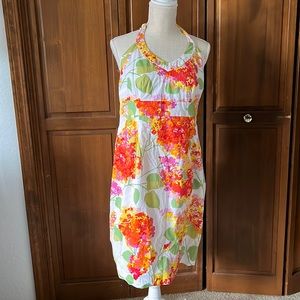 Summer halter dress. Pinks, Oranges, yellow, Green multi color.